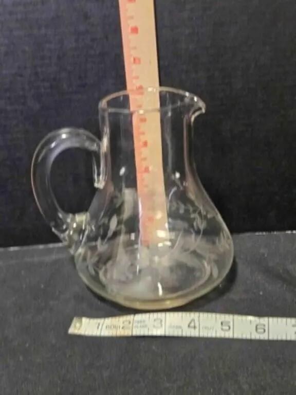 Clear etched glass pitcher, 6" tall
