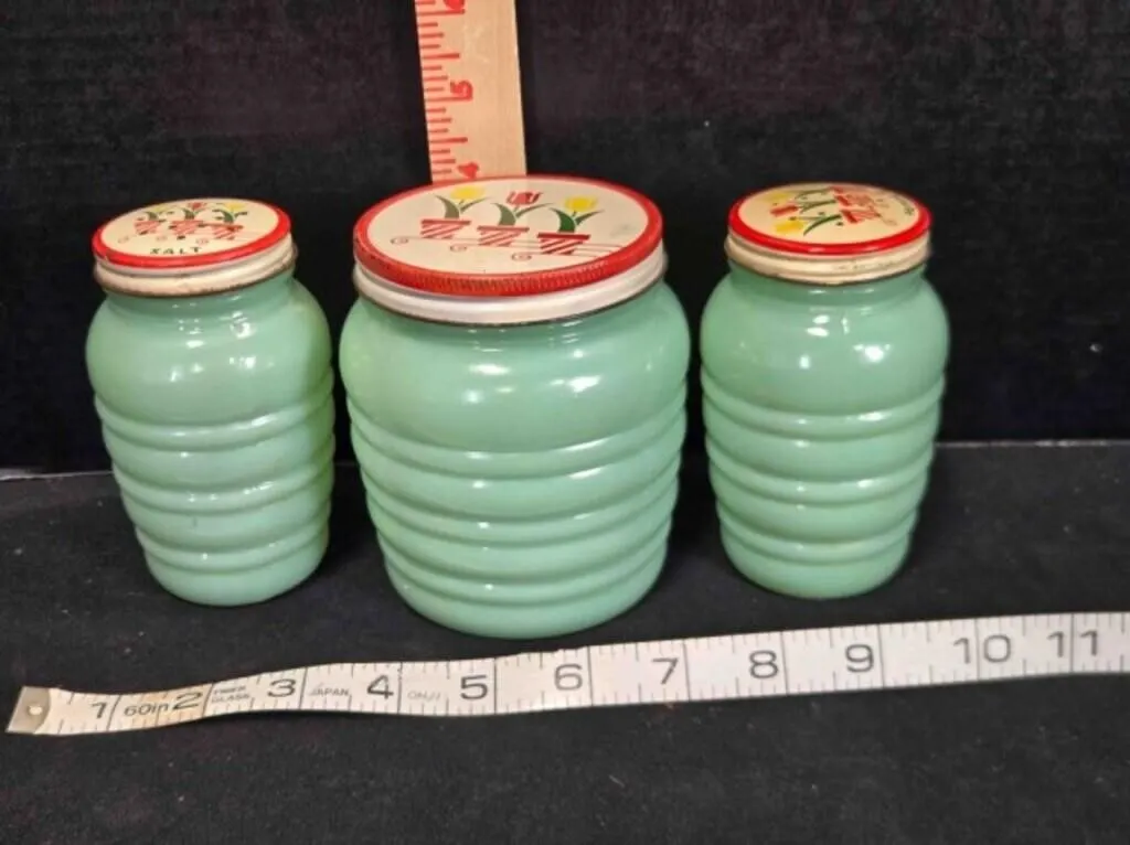Fireking Jadeite Salt/Pepper/Grease jar set