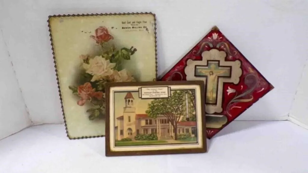 3 Vintage Artwork, Cross Tile & Chapel Thermometer