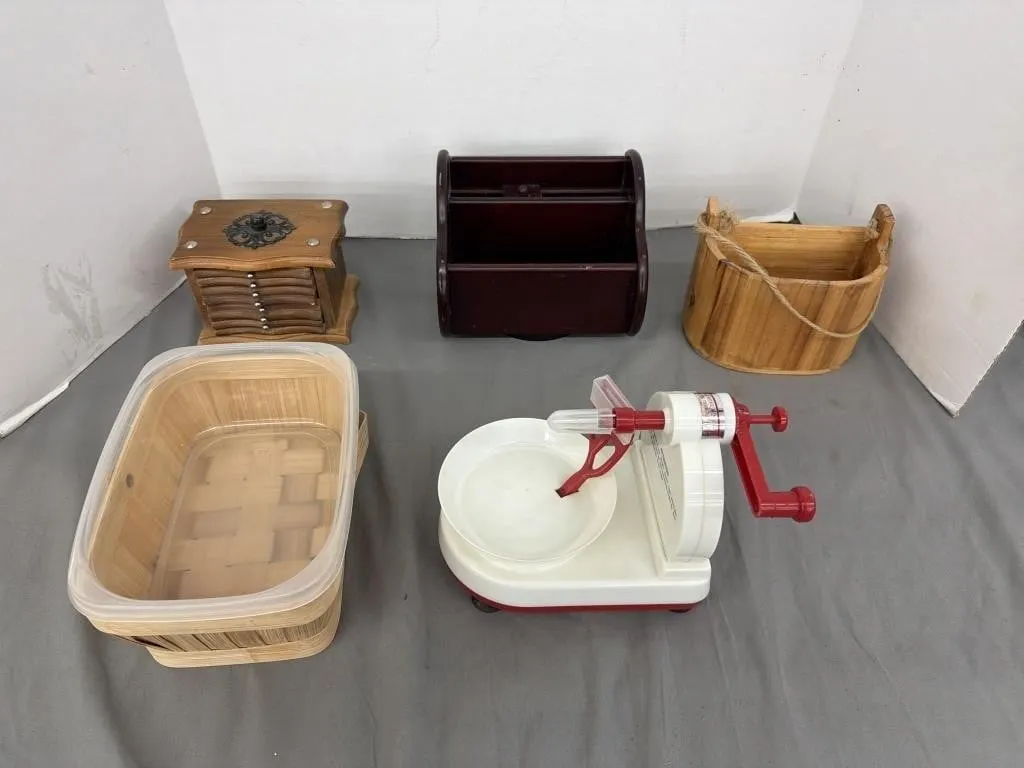 Woode Coaster , Fruit Peeler , 8" Wicker Basket