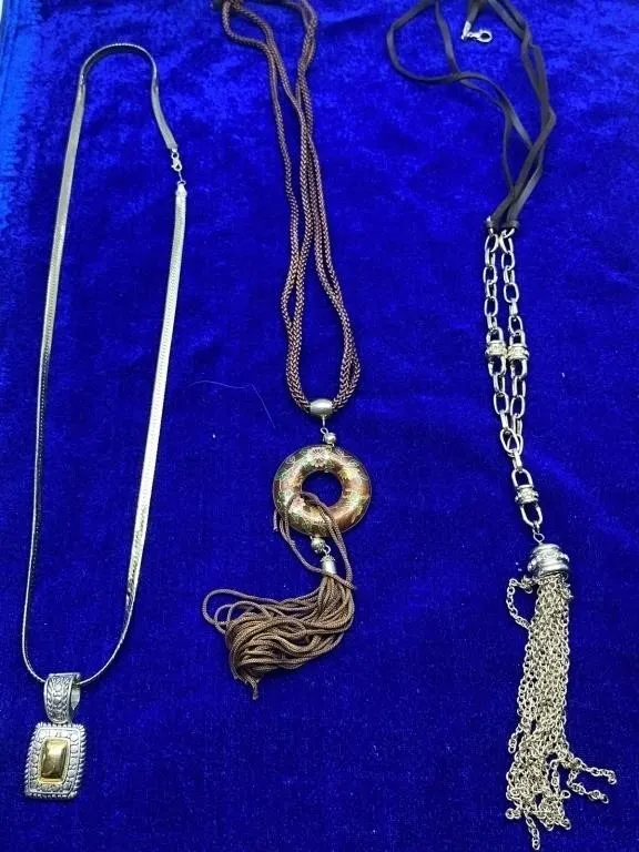 Three Pendant Necklaces - Silver-Tone, Cloisonne &