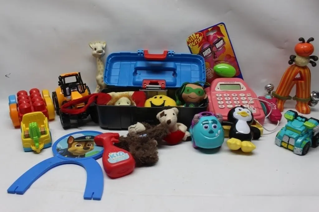 Kids Toy Lot - Plush, Vehicles, Toolbox & More