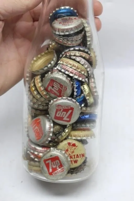Vintage Soda Bottle Caps in Glass Bottle - Coke