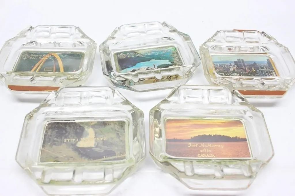 5 Canadian Souvenir Glass Ashtrays