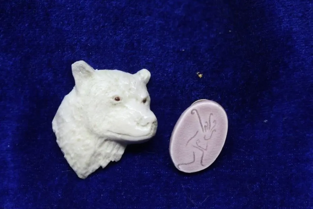 Carved Wolf Head Pin & Oval Carved Stone Pin