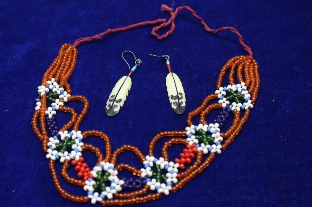 Beaded Necklace, Feather Earrings & Pendant