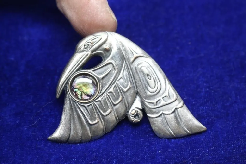 Raven Brooch Pin, Abalone Inlay, Native Style