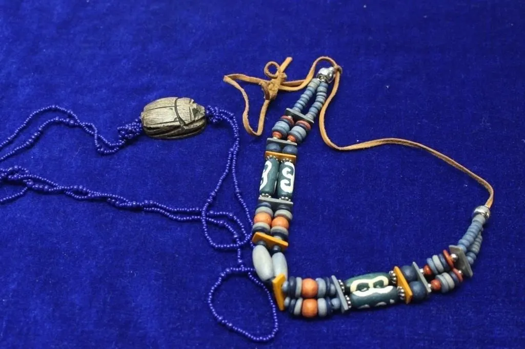 Scarab Pendant Beaded Necklace with Leather Cord