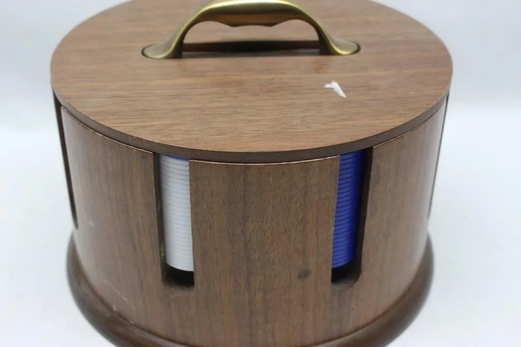 Wooden Poker Chip Caddy with Brass Handle & Chips