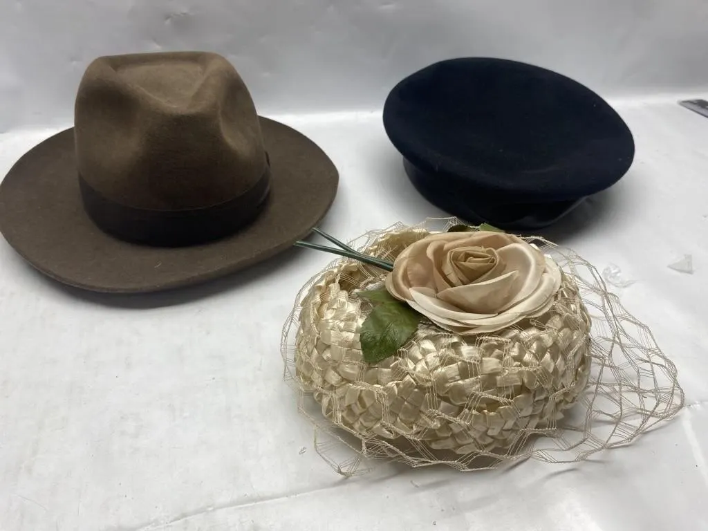 Borsalino Fedora, Holt Renfrew Beret & Straw Hat