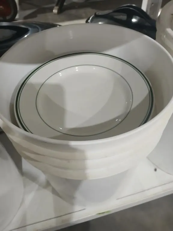 Pail w/ 36 White/Green Restaurant plates