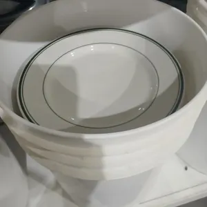 Pail w/ 36 White/Green Restaurant plates