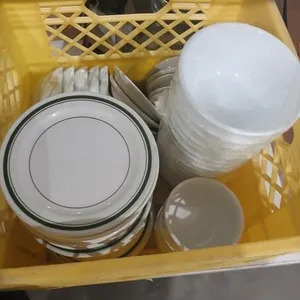 Crate w/ assorted White/Green small plates &