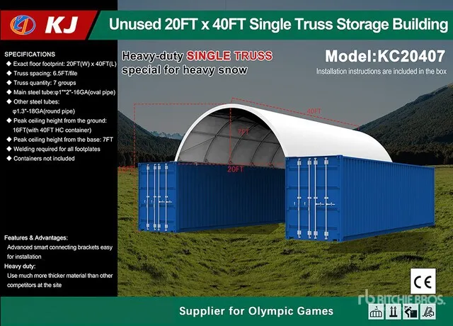 2026 KJ KC20407 20 ft x 40 ft Single Truss Container Shelter (Unused)