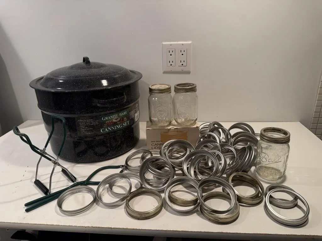 Enamel stock pot, pint canning jars, wide mouth