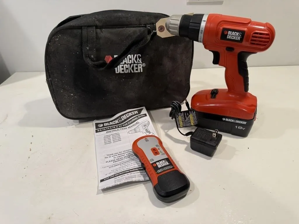 Black & Decker stud finder, cordless 18V drill