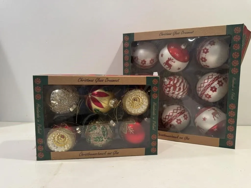 Polish glass Christmas ornaments, 2 boxes