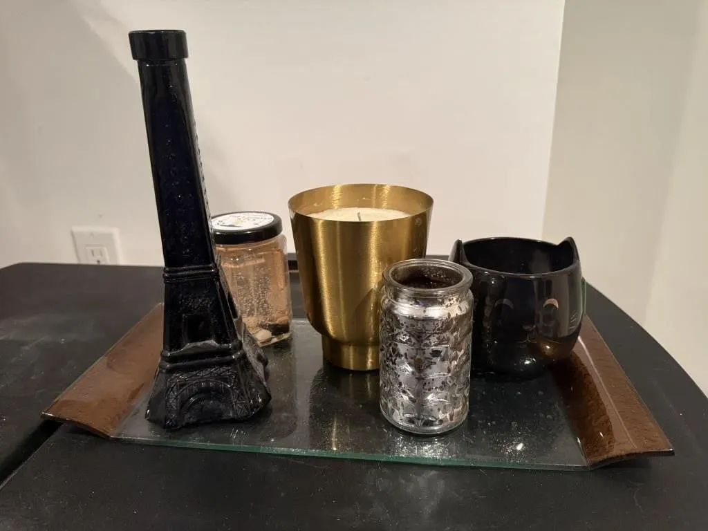 Glass tray, candles, cat candle, Eiffel Tower