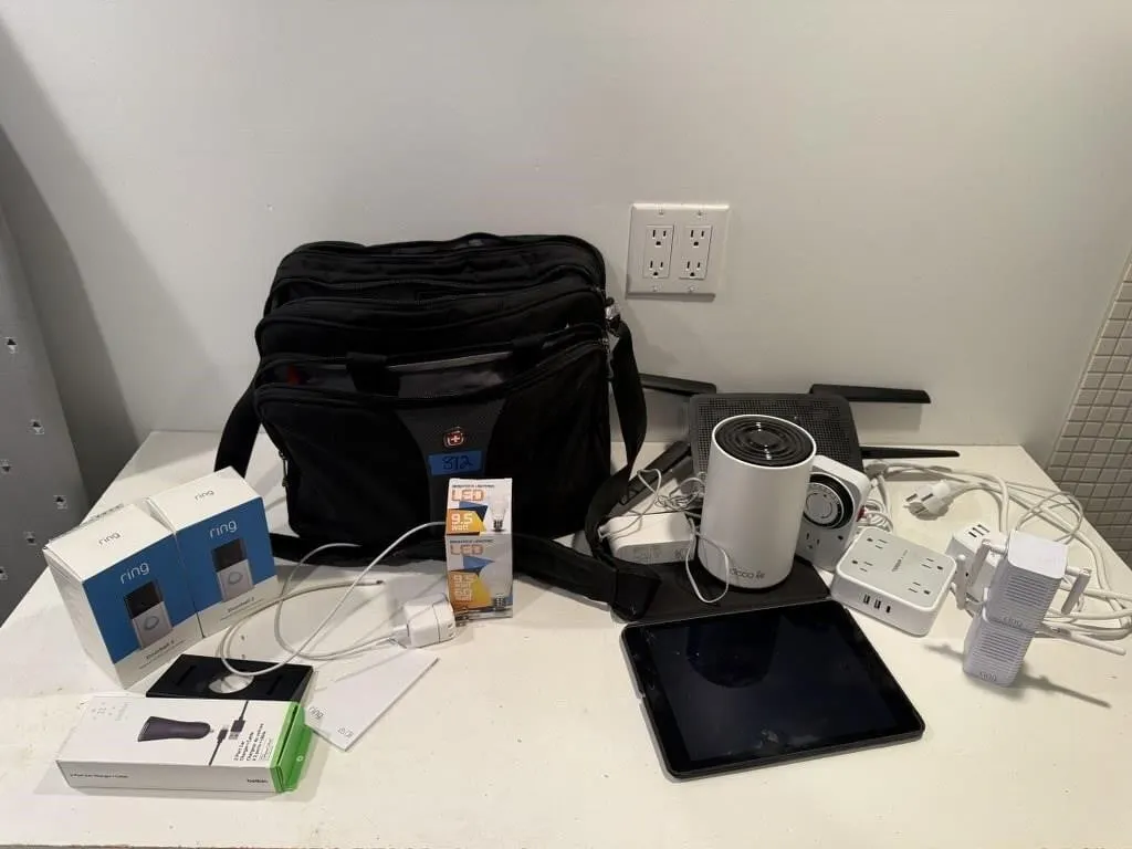 Computer bag of electronics, IPAD, routers, Ring