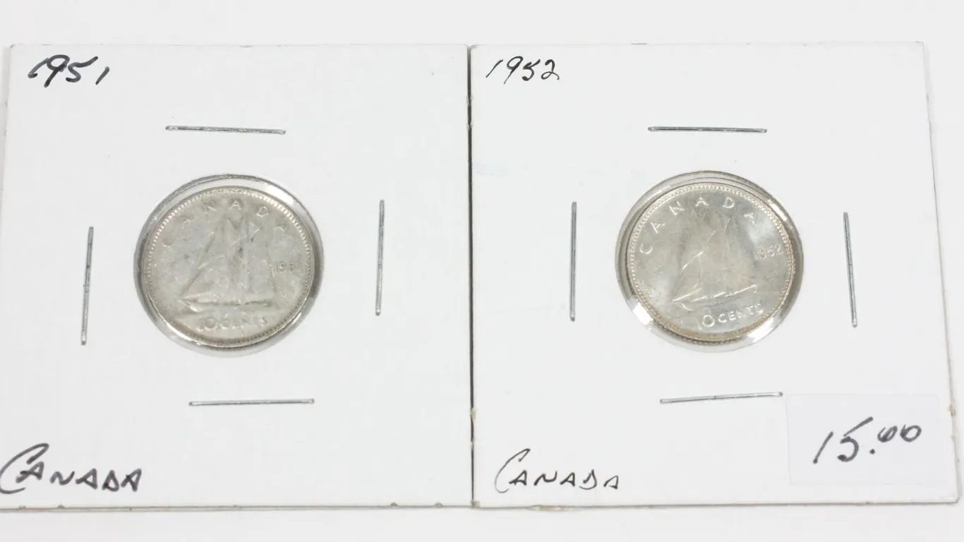 1951 AND 1952 CANADA 10 CENT SILVER DIMES. 2 PC