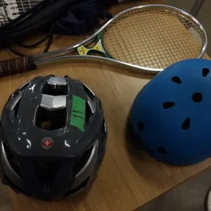 BOX C/W 2 BICYCLE HELMETS, 2 HAMMOCKS, & 2 RACKETS