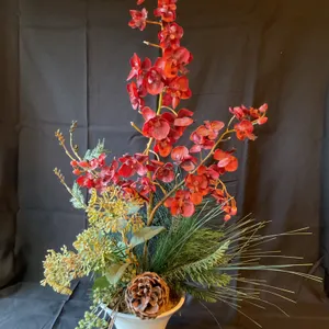 Artificial Floral Arrangement with Red Orchids in Ceramic Pot