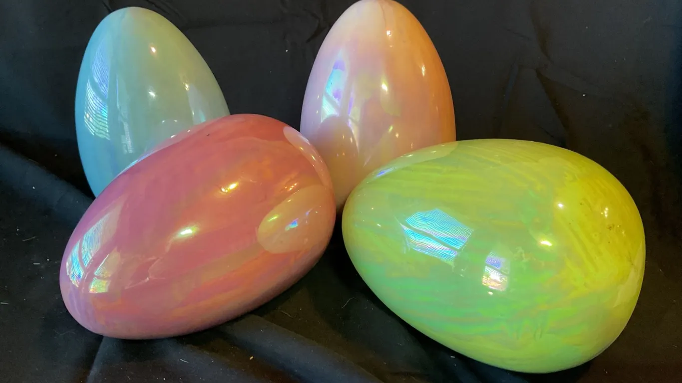 Four Iridescent Glass Egg-shaped Art Pieces