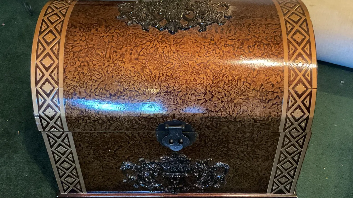 Wooden Storage Chest with Ornate Details and Faux Marquetry Patterning