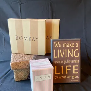 Decorative Bombay Picks and Spoons, Wicker Storage Box, Plaque, and Avon Candle