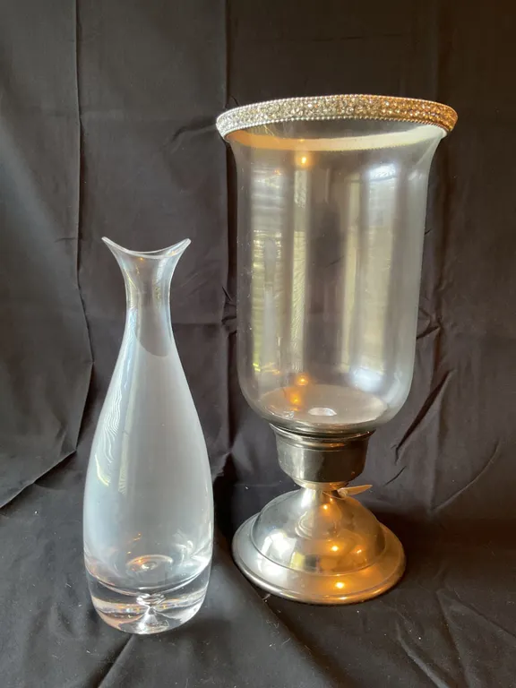 Glass and Metal Decorative Items: Vase and Hurricane Lamp