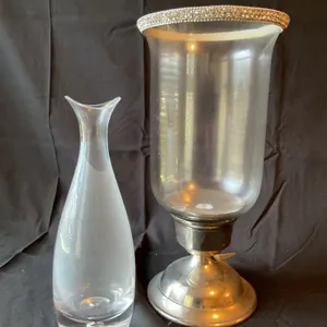 Glass and Metal Decorative Items: Vase and Hurricane Lamp