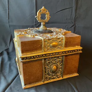 Decorative Metal and Wood Box with Ornate Design and Handle