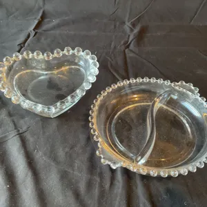 Clear Glass Decorative Heart and Divided Round Dishes with Beaded Edges