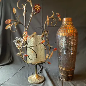 Metal Stand with Glass Flowers and Mosaic Glass Vase