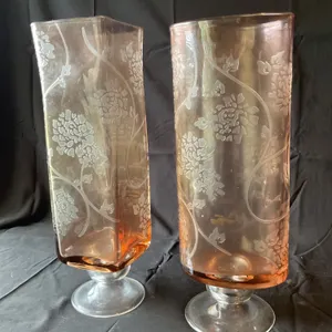 Pink Glass Etched Vases with Floral Design on Pedestal Bases