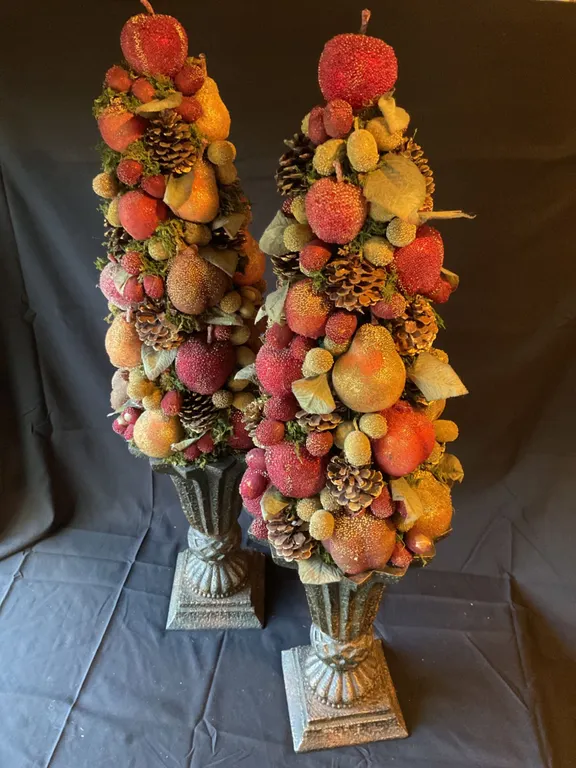 Decorative Fruit and Pinecone Tabletop Topiaries with Stone-Like Base