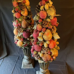 Decorative Fruit and Pinecone Tabletop Topiaries with Stone-Like Base