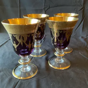 Four Purple and Gold Gilded Goblets with Etched Design