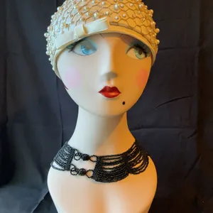 Pearl-Embellished Cap, Mannequin Head, and Black Beaded Necklace Display Set