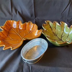 Two Ceramic Leaf Bowls and One Small Metal Tub, Home Interiors