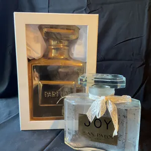Glass ‘JOY’ Bottle and Gold Ceramic ‘Parfum’ Piggy Bank