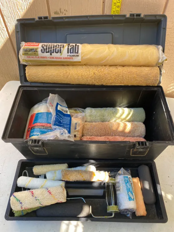 Plastic Tool Box With Assorted Paint Rollers, Covers, and Supplies