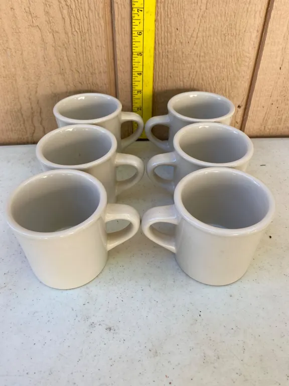 6 Buffalo China Coffee Mugs, White Ceramic, Mid-20th Century