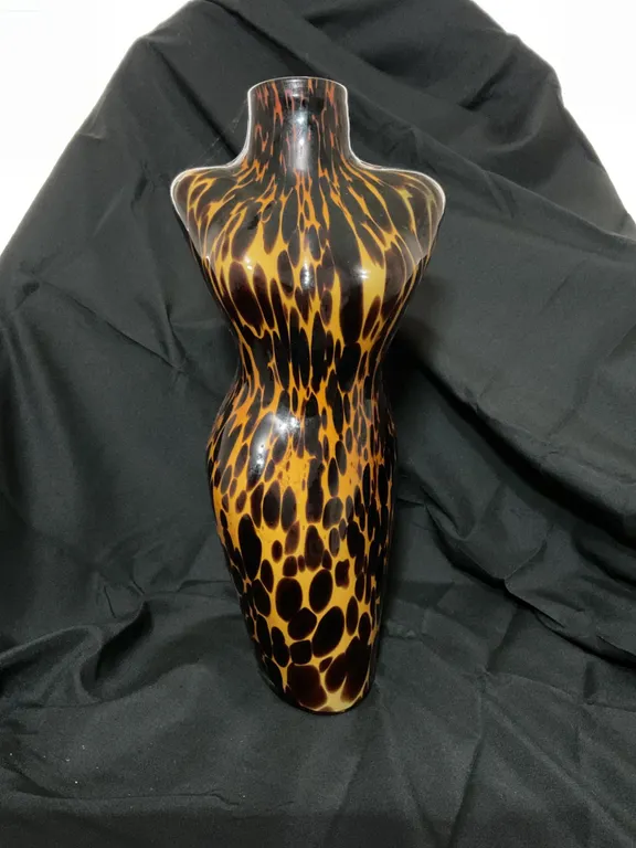 Glass Vase Shaped Like Abstract Human Torso, Animal Print Design