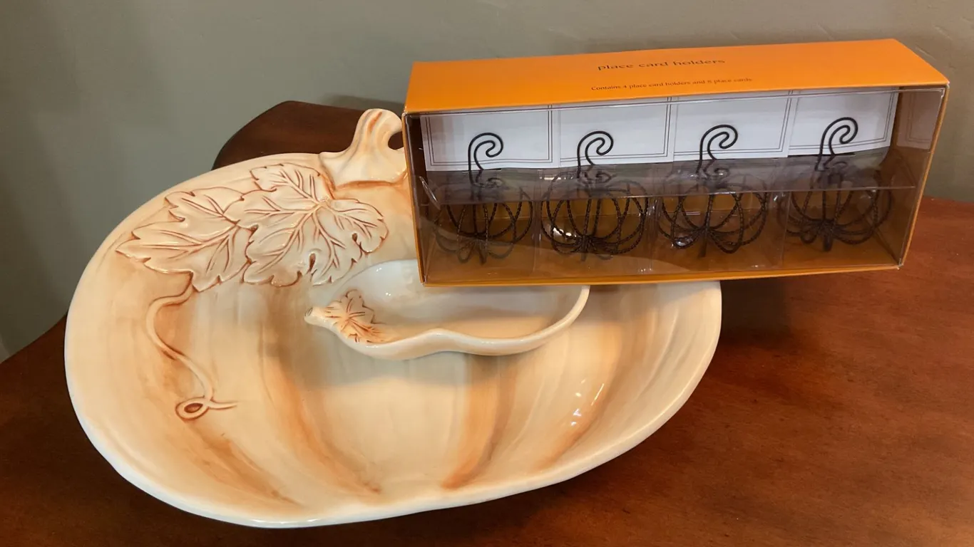 Better Homes Ceramic Pumpkin Bowl, Gourd Dish, and Pumpkin Place Card Holders
