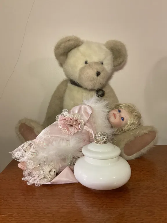 Teddy Bear, Decorative White Lidded Jar, and Porcelain Doll Lot