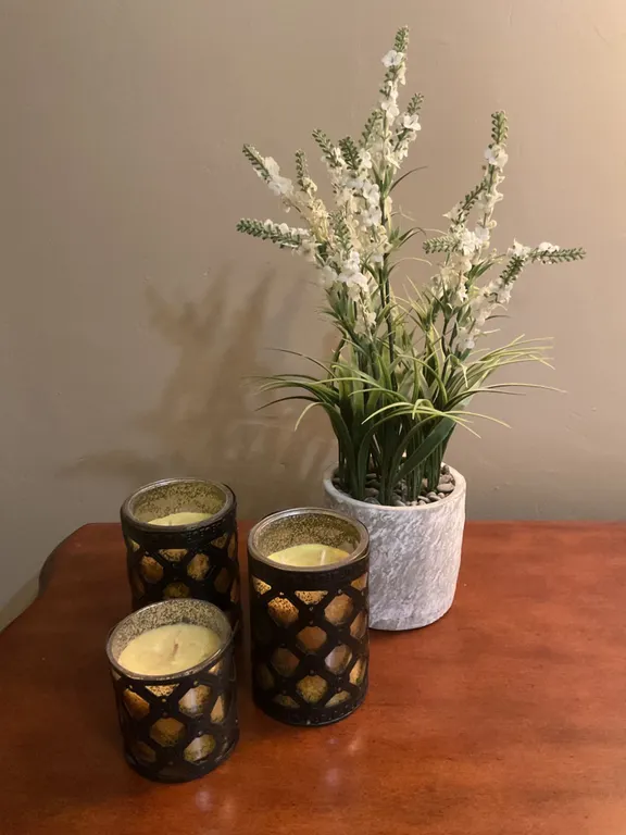3 Decorative Candles with Holders and Artificial Potted Floral Arrangement