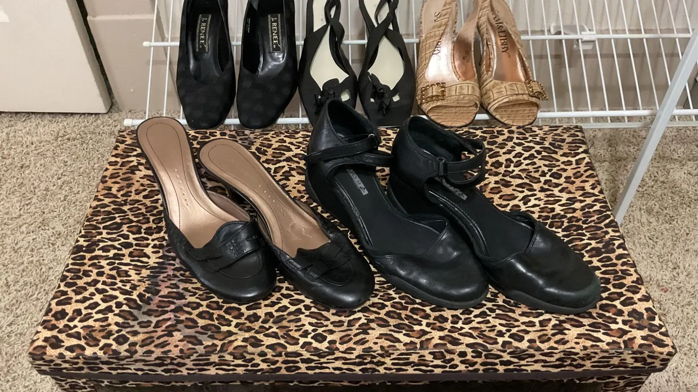 Five Women’s Shoes in Black and Beige, Various Brands and Sizes
