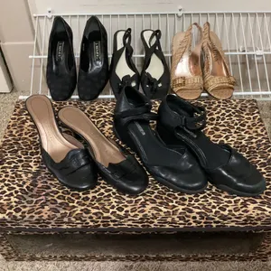 Five Women’s Shoes in Black and Beige, Various Brands and Sizes