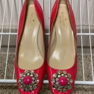 Kate Spade New York Women’s Red Patent Leather Heels with Embellished Toe, Size 8.5 B